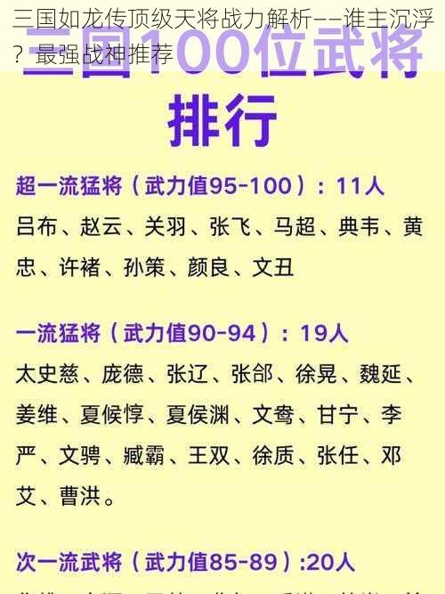 三国如龙传顶级天将战力解析——谁主沉浮？最强战神推荐