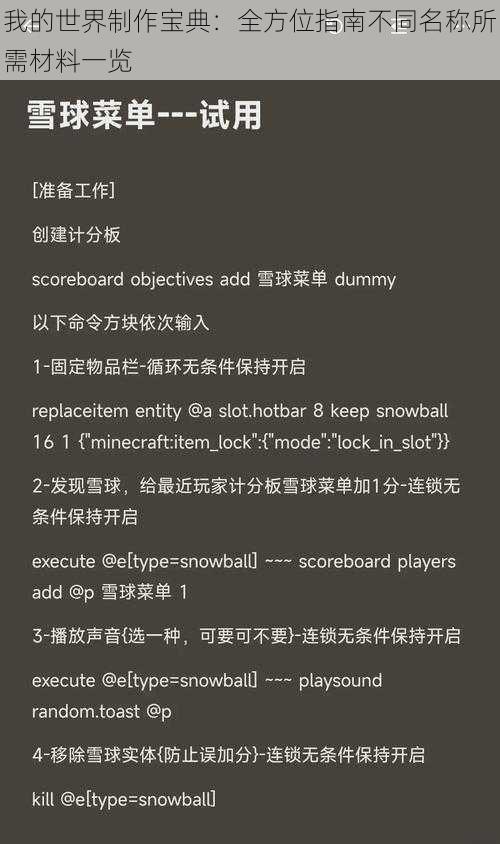 我的世界制作宝典：全方位指南不同名称所需材料一览